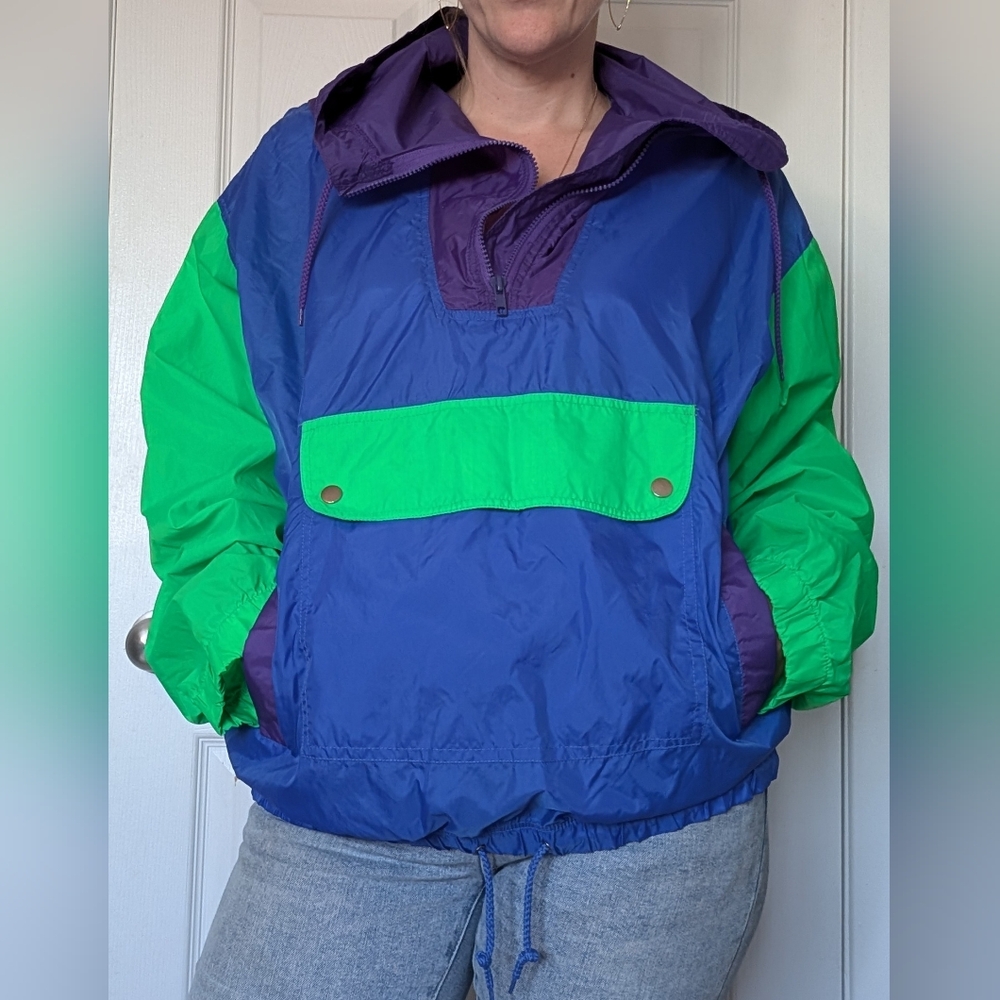 Vintage Badge Windbreaker, Neon Green, Blue, & Purple Hooded Half- Zip, Size L - Picture 3 of 14